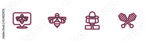 Set line Bee, Beekeeper with protect hat, and Honey dipper stick icon. Vector