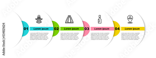 Set line Mexican man sombrero, Chichen Itza in Mayan, Tabasco sauce and . Business infographic template. Vector