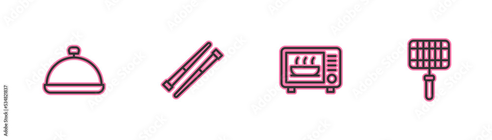 Set line Covered with tray of food, Microwave oven, Food chopsticks and Barbecue steel grid icon. Vector Set line Covered with tray of food, Microwave oven, Food chopsticks and Barbecue steel grid icon. Vector