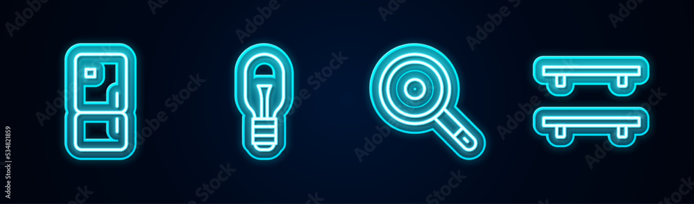 Set line Refrigerator, Light bulb, Frying pan and Empty wooden shelves. Glowing neon icon. Vector Set line Refrigerator, Light bulb, Frying pan and Empty wooden shelves. Glowing neon icon. Vector