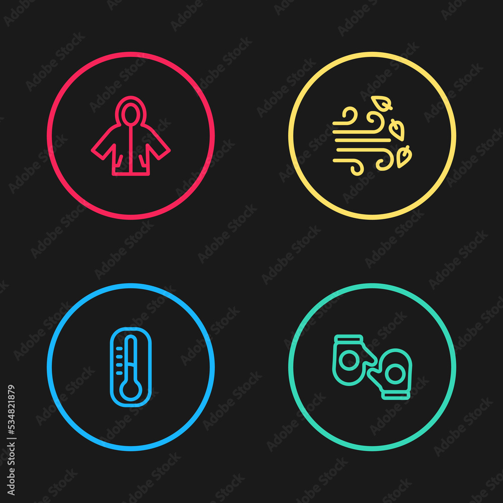 Set line Thermometer, Christmas mitten, Windy weather and Raincoat icon. Vector