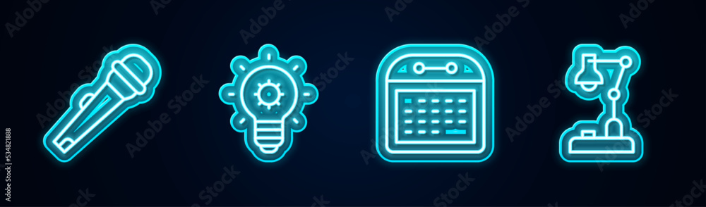 Set line Microphone, Light bulb, Calendar and Table lamp. Glowing neon icon. Vector Set line Microphone, Light bulb, Calendar and Table lamp. Glowing neon icon. Vector