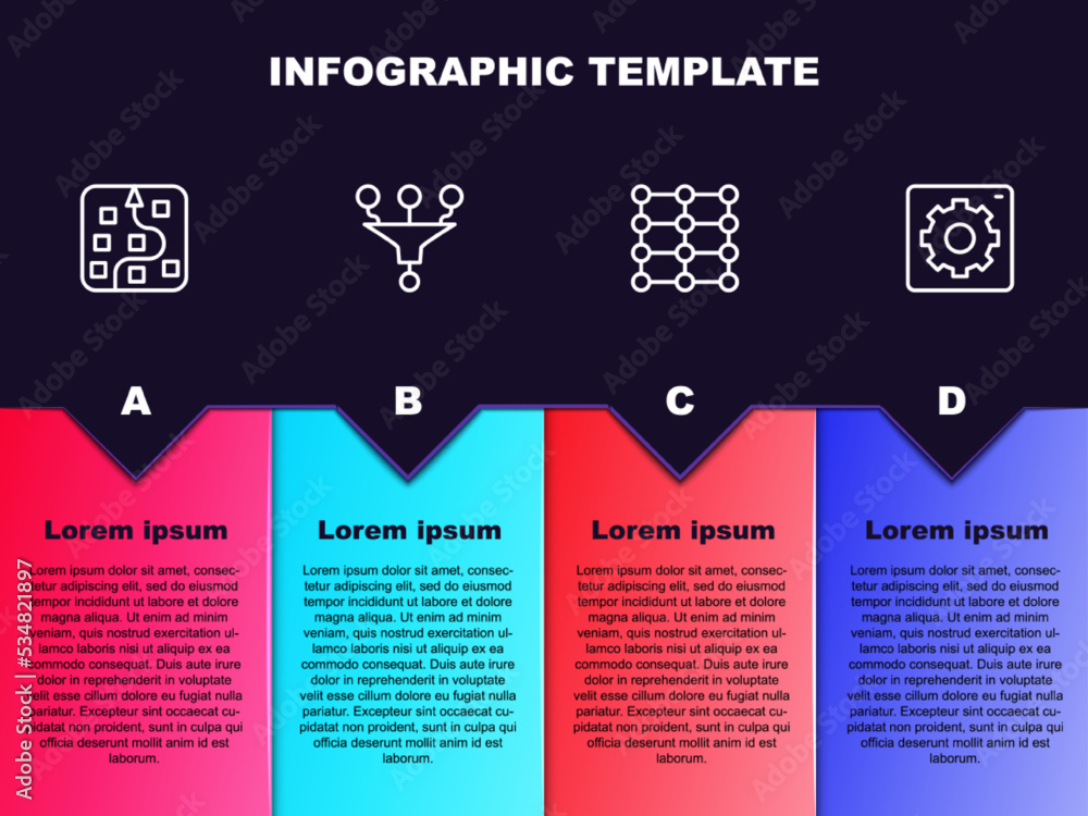 Set line Neural network, Funnel filter, and Computer api interface. Business infographic template. Vector
