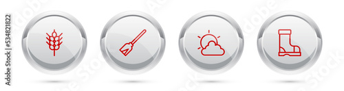 Set line Wheat, Handle broom, Sun cloud weather and Waterproof rubber boot. Silver circle button. Vector