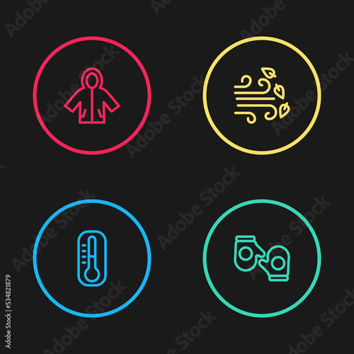 Set line Thermometer, Christmas mitten, Windy weather and Raincoat icon. Vector © vector_v