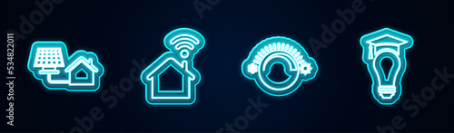 Set line House with solar panel, Smart home wi-fi, Thermostat and Light bulb and graduation cap. Glowing neon icon. Vector