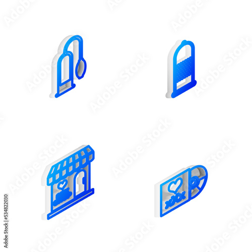 Set Isometric line Condom safe sex, Penis pump, Sex shop building and Disc with inscription icon. Vector