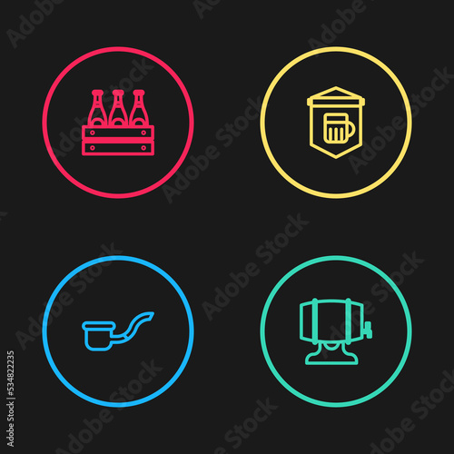 Set line Smoking pipe, Wooden barrel on rack, Signboard with glass of beer and Pack bottles icon. Vector