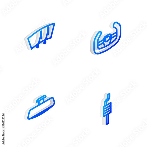 Set Isometric line Sport steering wheel, Windscreen wiper, Car mirror and muffler icon. Vector