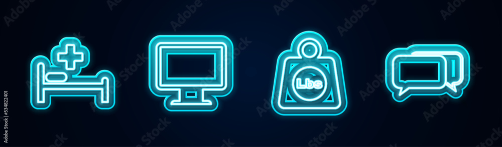 Set line Hospital bed, Computer monitor screen, Weight pounds and Chat. Glowing neon icon. Vector Set line Hospital bed, Computer monitor screen, Weight pounds and Chat. Glowing neon icon. Vector