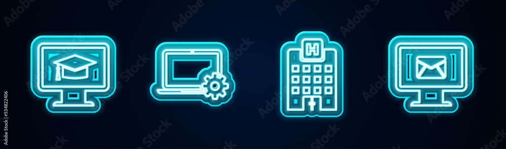 Set line Monitor with graduation cap, Laptop and gear, Medical hospital building and envelope. Glowing neon icon. Vector Set line Monitor with graduation cap, Laptop and gear, Medical hospital building and envelope. Glowing neon icon. Vector