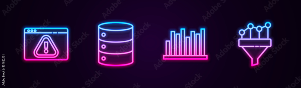 Set line Browser with exclamation mark, Server, Data, Web Hosting, Pie chart infographic and Sales funnel. Glowing neon icon. Vector Set line Browser with exclamation mark, Server, Data, Web Hosting, Pie chart infographic and Sales funnel. Glowing neon icon. Vector