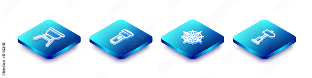 Set Isometric line Barbecue grill, Flashlight, Wind rose and Road traffic signpost icon. Vector Set Isometric line Barbecue grill, Flashlight, Wind rose and Road traffic signpost icon. Vector