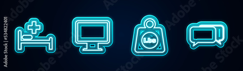 Set line Hospital bed, Computer monitor screen, Weight pounds and Chat. Glowing neon icon. Vector