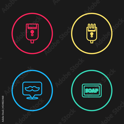 Set line Barbershop, of soap with foam, Electrical hair clipper or shaver and razor blade for men icon. Vector