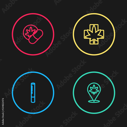 Set line Marijuana joint, Location and marijuana, Medical or cannabis leaf and Herbal ecstasy tablets icon. Vector