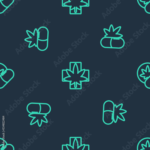 Set line Medical marijuana or cannabis leaf, pills with and Herbal ecstasy tablets on seamless pattern. Vector