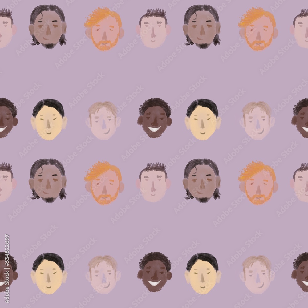 seamless pattern. a group of smiling men, many people, different nationalities in pastel colors on a lilac background seamless pattern. a group of smiling men, many people, different nationalities in pastel colors on a lilac background