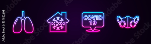 Set line Lungs, Stay home, Corona virus on location and Medical protective mask. Glowing neon icon. Vector