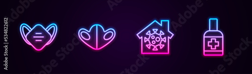 Set line Medical protective mask, , Stay home and Liquid antibacterial soap. Glowing neon icon. Vector