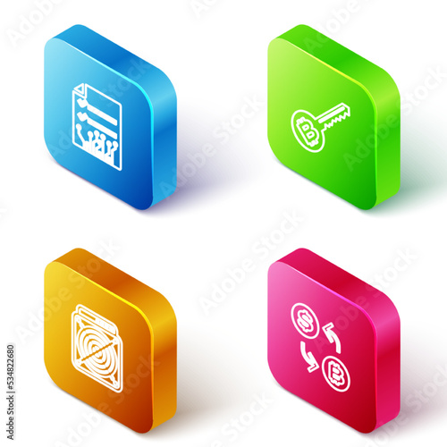Set Isometric line Smart contract, Cryptocurrency key, ASIC Miner and exchange icon. Vector