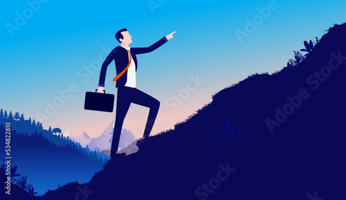 Business forward - Businessman pointing the way forward while walking up hill to reach the top. Career and work ambitions concept. Vector illustration