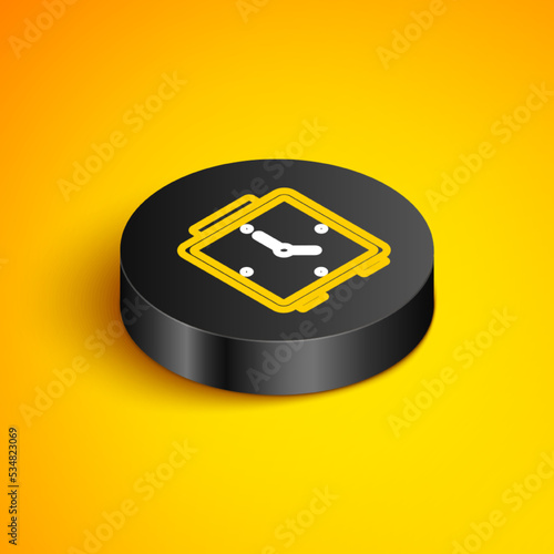 Isometric line Alarm clock icon isolated on yellow background. Wake up, get up concept. Time sign. Black circle button. Vector