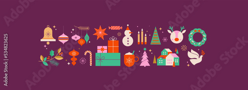 Collection of Christmas decorations, holiday gifts, winter elements, candles, Christmas tree, dove, village and hot chocolate. Colorful vector illustration in flat geometric cartoon style