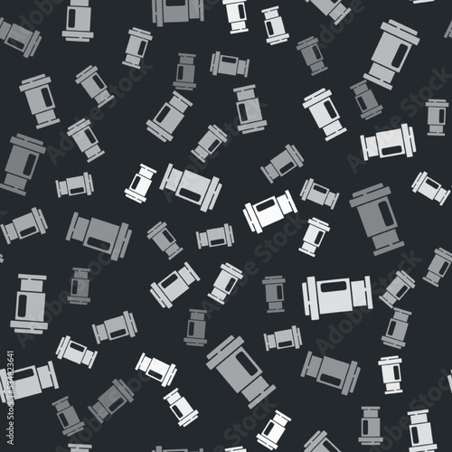 Grey Aeropress coffee method icon isolated seamless pattern on black background. Device for brewing coffee. Vector