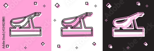 Set Spanish jamon on the wooden jamonera icon isolated on pink and white, black background. Vector