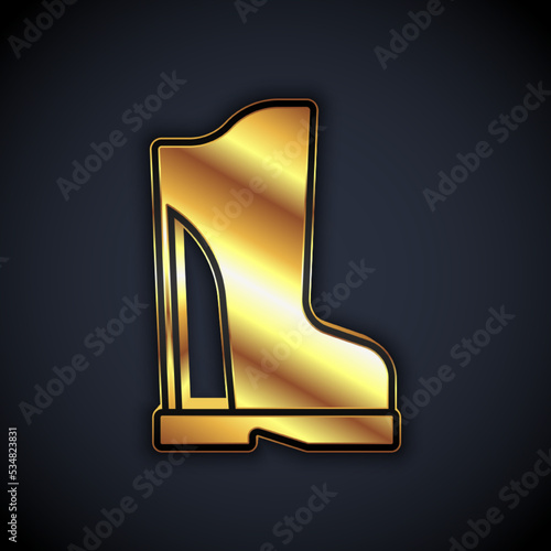 Gold Waterproof rubber boot icon isolated on black background. Gumboots for rainy weather, fishing, gardening. Vector