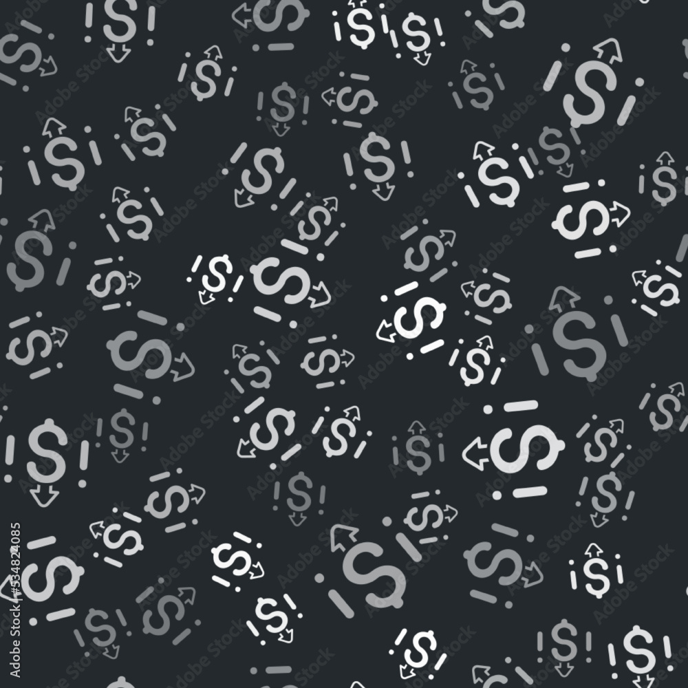 Grey Dollar rate decrease icon isolated seamless pattern on black background. Cost reduction. Money symbol with down arrow. Business lost crisis decrease. Vector Grey Dollar rate decrease icon isolated seamless pattern on black background. Cost reduction. Money symbol with down arrow. Business lost crisis decrease. Vector