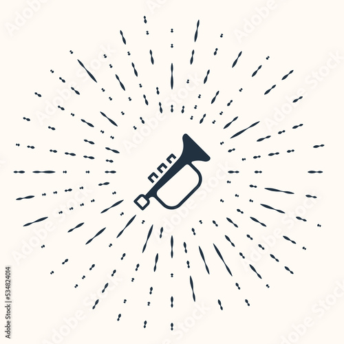 Grey Musical instrument trumpet icon isolated on beige background. Abstract circle random dots. Vector