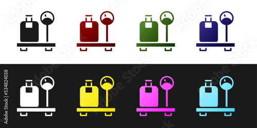 Set Scale with suitcase icon isolated on black and white background. Logistic and delivery. Weight of delivery package on a scale. Vector