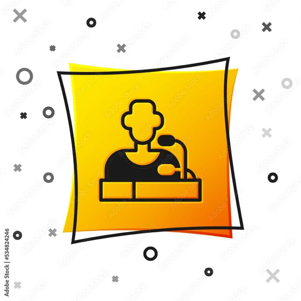 Black Football player press conference icon isolated on white background. Yellow square button. Vector Black Football player press conference icon isolated on white background. Yellow square button. Vector