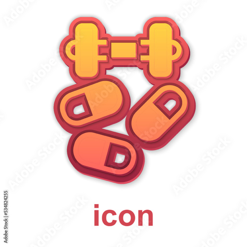 Gold Sports doping, anabolic drugs with dumbbell icon isolated on white background. Anabolic steroids tablet. Pills in jar. Vector