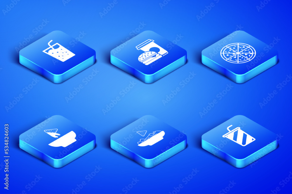 Set Glass with water, Nachos in plate, Coffee and burger and Pizza icon. Vector Set Glass with water, Nachos in plate, Coffee and burger and Pizza icon. Vector