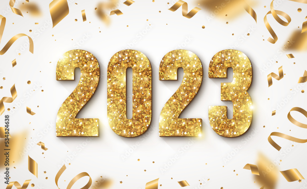Happy New Year Banner with Gold 2023 Numbers on Bright Background with Flying Confetti and Streamers. Vector illustration. Golden Holiday logo poster Happy New Year Banner with Gold 2023 Numbers on Bright Background with Flying Confetti and Streamers. Vector illustration. Golden Holiday logo poster