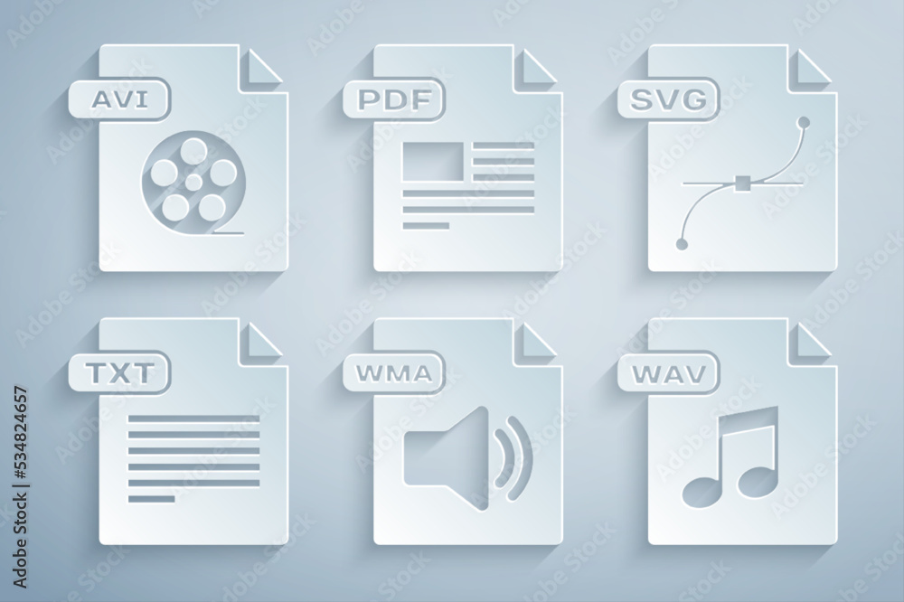 Set WMA file document, SVG, TXT, WAV, PDF and AVI icon. Vector