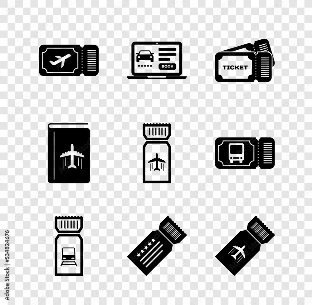 Set Airline ticket, Online car sharing, Ticket, Train, Cover book travel guide and icon. Vector Set Airline ticket, Online car sharing, Ticket, Train, Cover book travel guide and icon. Vector