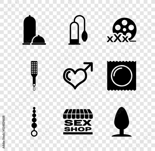 Set Condoms safe sex, Penis pump, Film reel with Sex, Anal beads, shop building, plug, Spanking paddle and Male gender and heart icon. Vector