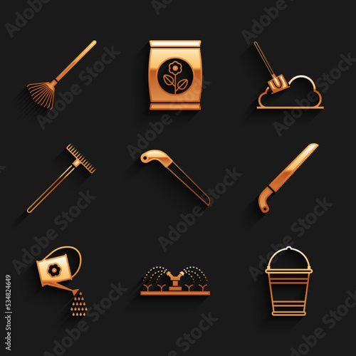 Set Garden saw, Automatic irrigation sprinklers, Bucket, Watering can, rake, Shovel the ground and for leaves icon. Vector