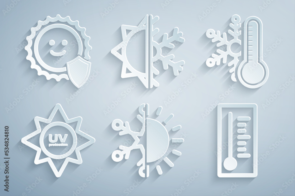 Set Sun and snowflake, Thermometer with, UV protection, Meteorology thermometer, and icon. Vector