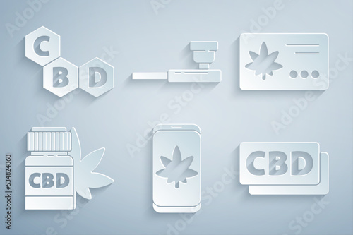 Set Mobile and marijuana or cannabis, Calendar leaf, Medical bottle with, Cannabis molecule, Smoking pipe and icon. Vector