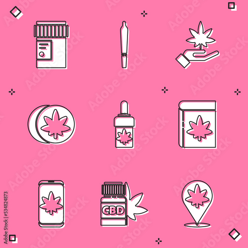Set Medical bottle with cannabis, Marijuana joint, or leaf, Herbal ecstasy tablets, olive oil, Book and marijuana, Mobile and icon. Vector