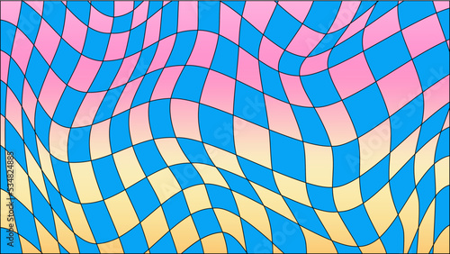 Groovy checkered colorful background with distorted squares. Abstract vector pattern. Retro psychedelic checkerboard poster. Chess pattern. 60s 70s hippie funky vibe style.