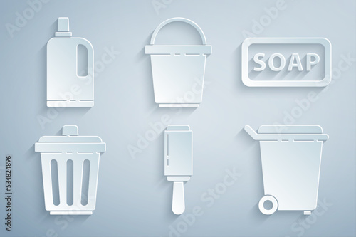 Set Adhesive roller, Bar of soap, Trash can, Bucket and Fabric softener icon. Vector