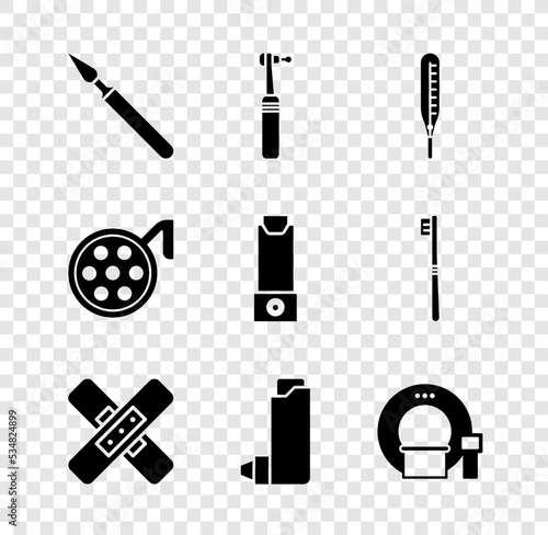 Set Medical surgery scalpel, Tooth drill, thermometer, Crossed bandage plaster, Inhaler, Tomography, Surgery lamp and icon. Vector