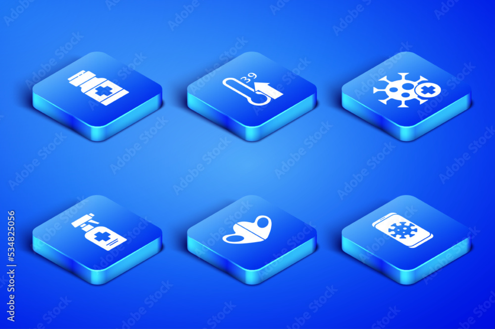 Set Virus statistics on mobile, Medicine bottle and pills, Medical protective mask, Liquid antibacterial soap, High human body temperature and Positive virus icon. Vector Set Virus statistics on mobile, Medicine bottle and pills, Medical protective mask, Liquid antibacterial soap, High human body temperature and Positive virus icon. Vector