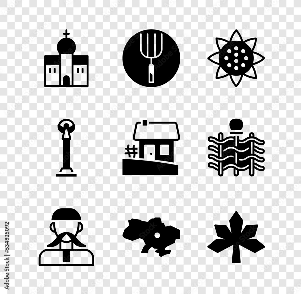 Set Church building, Garden pitchfork, Sunflower, Ukrainian cossack, Map of Ukraine, Chestnut